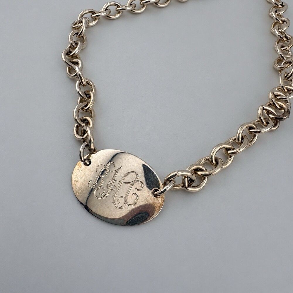 Necklace 17” Adjustable Sterling Silver 925 BHC Monogram Oval Tag Rolo Chain VTG
